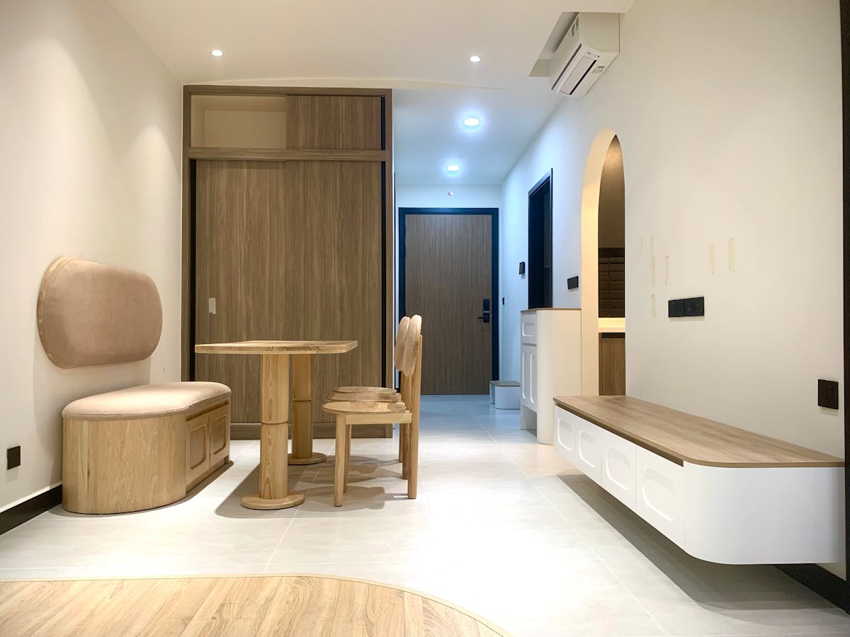 Modern apartment interior with a wall mounted air conditioning unit